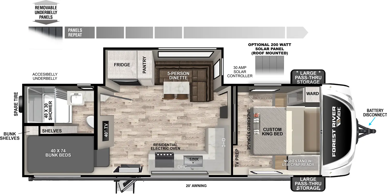 The Vibe 2500DB floorplan has one entry and one slide out. Exterior features include: fiberglass exterior and 20' awning. Interiors features include: bunk beds and front bedroom.